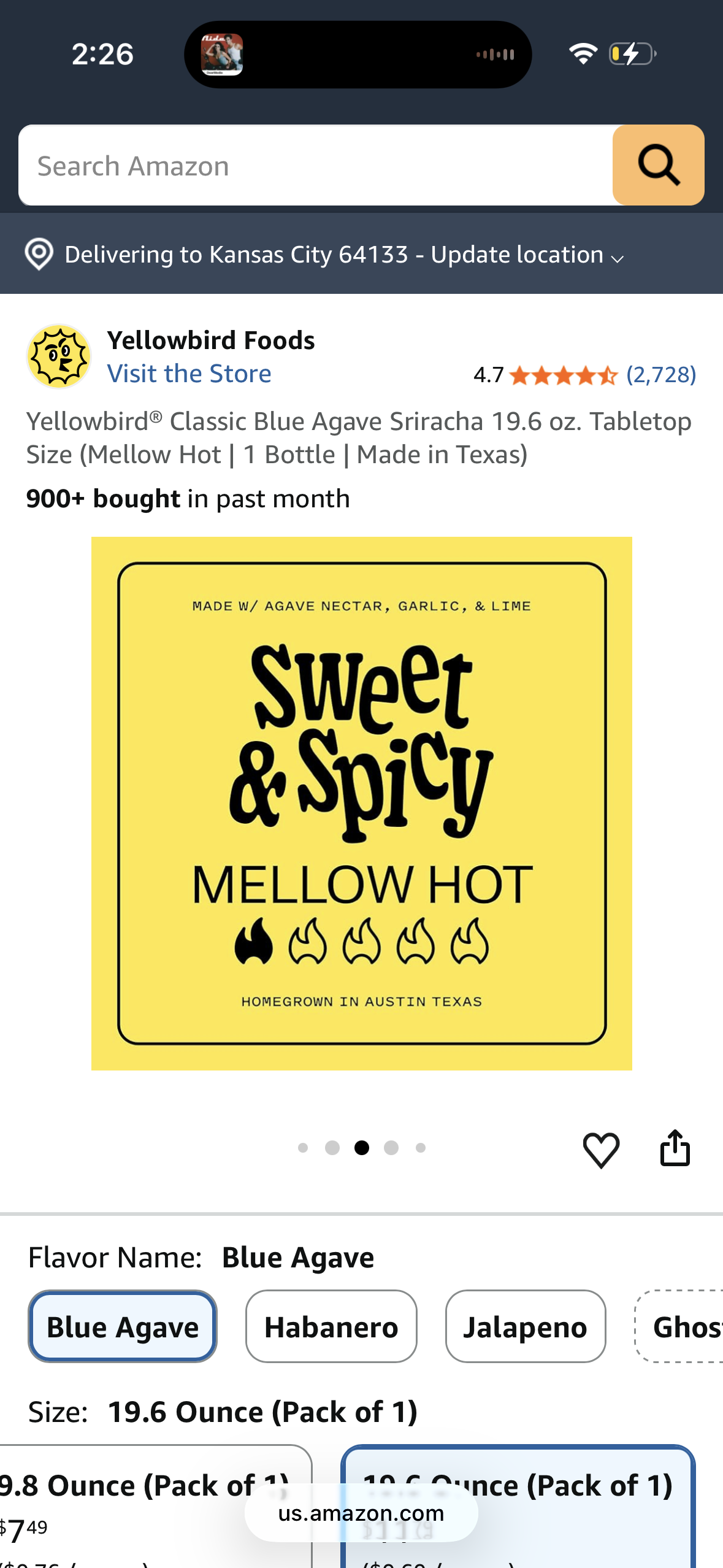 Yellowbird® Classic Blue Agave Sriracha 19.6 oz. Tabletop Size (Mellow Hot | 1 Bottle | Made in Texas)
