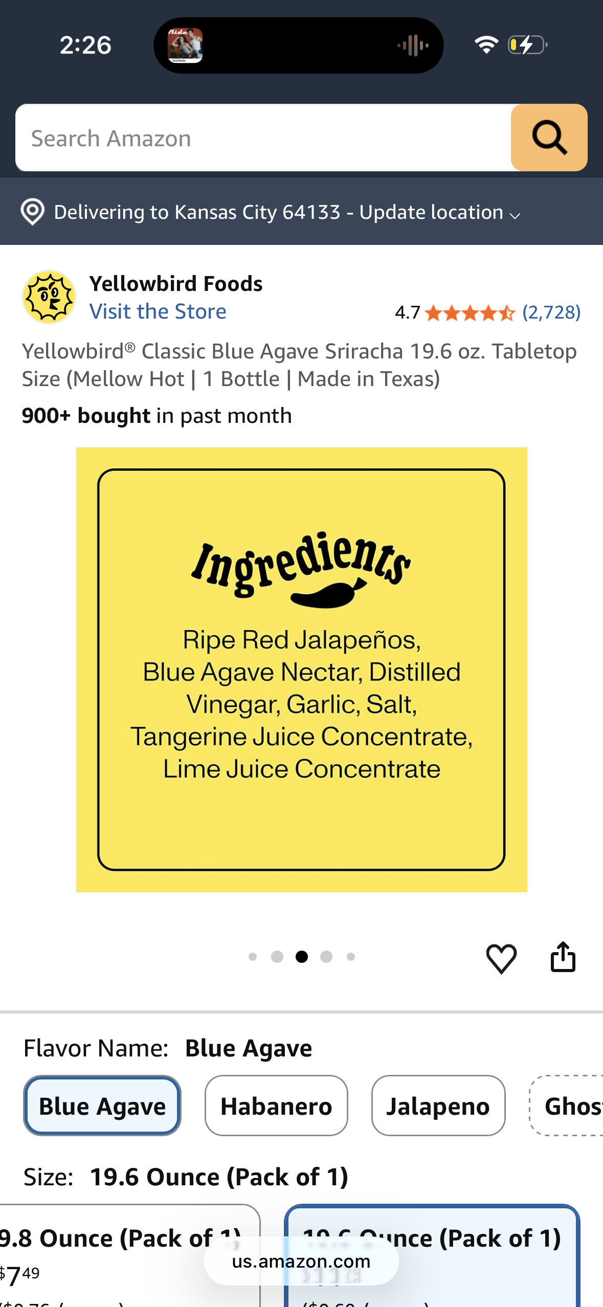Yellowbird® Classic Blue Agave Sriracha 19.6 oz. Tabletop Size (Mellow Hot | 1 Bottle | Made in Texas)