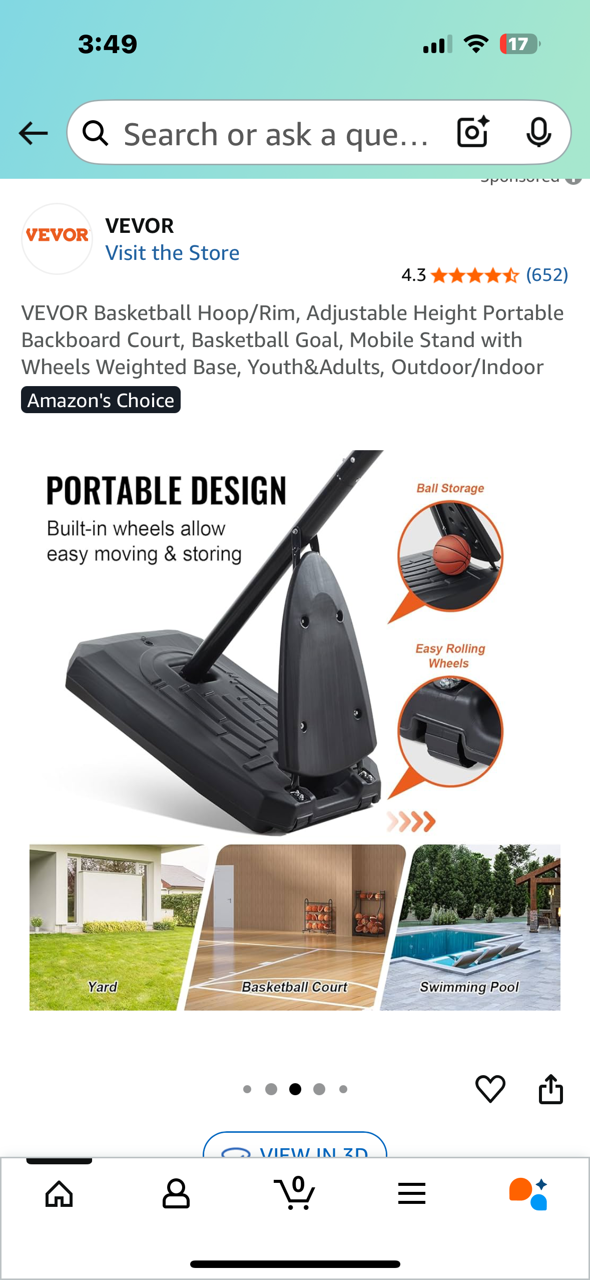 VEVOR Basketball Hoop/Rim, Adjustable Height Portable Backboard, Mobile Stand with Wheels Weighted Base, Youth&Adults, Outdoor/Indoor (W509)