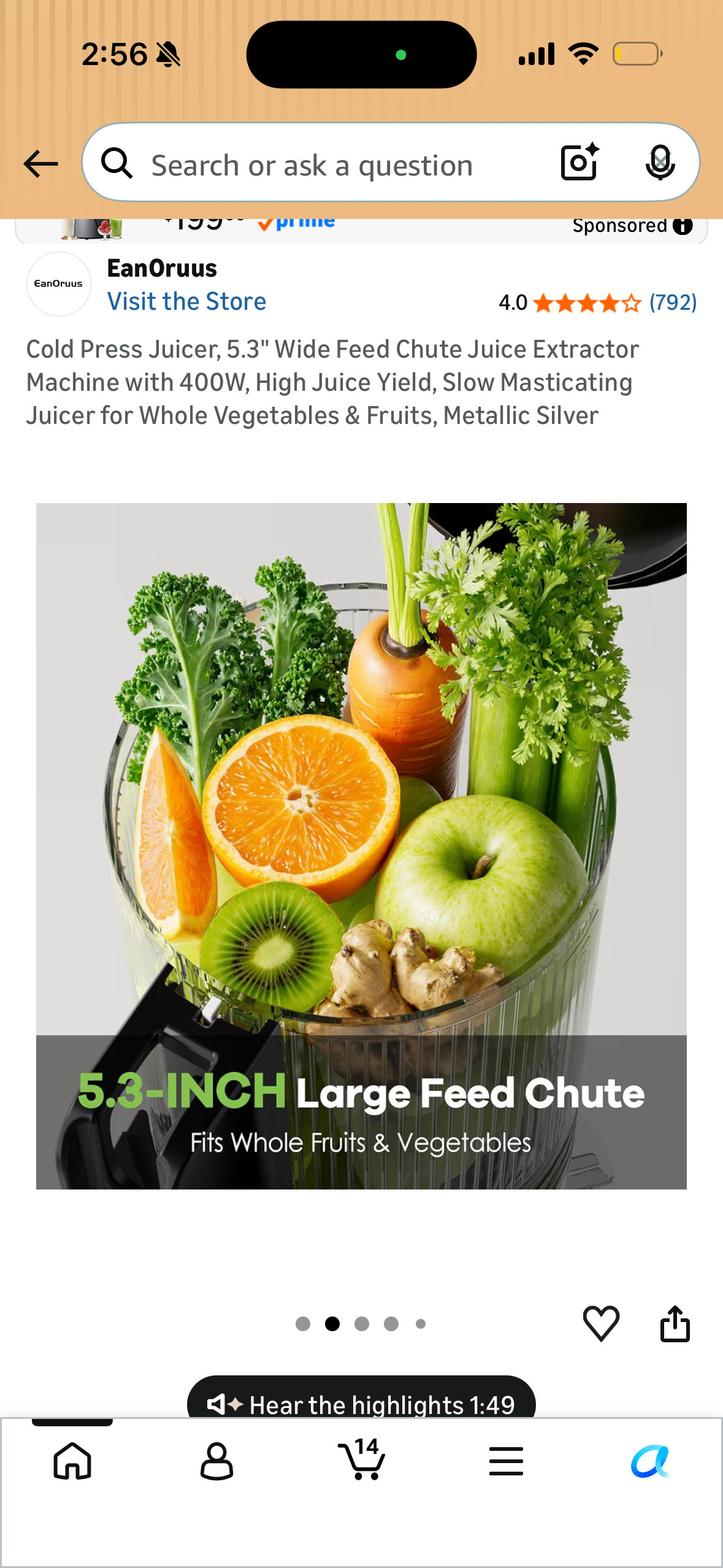 Cold Press Juicer, 5.3" Wide Feed Chute Juice Extractor Machine with 400W, High Juice Yield, Slow Masticating Juicer for Whole Vegetables & Fruits, Metallic Silver