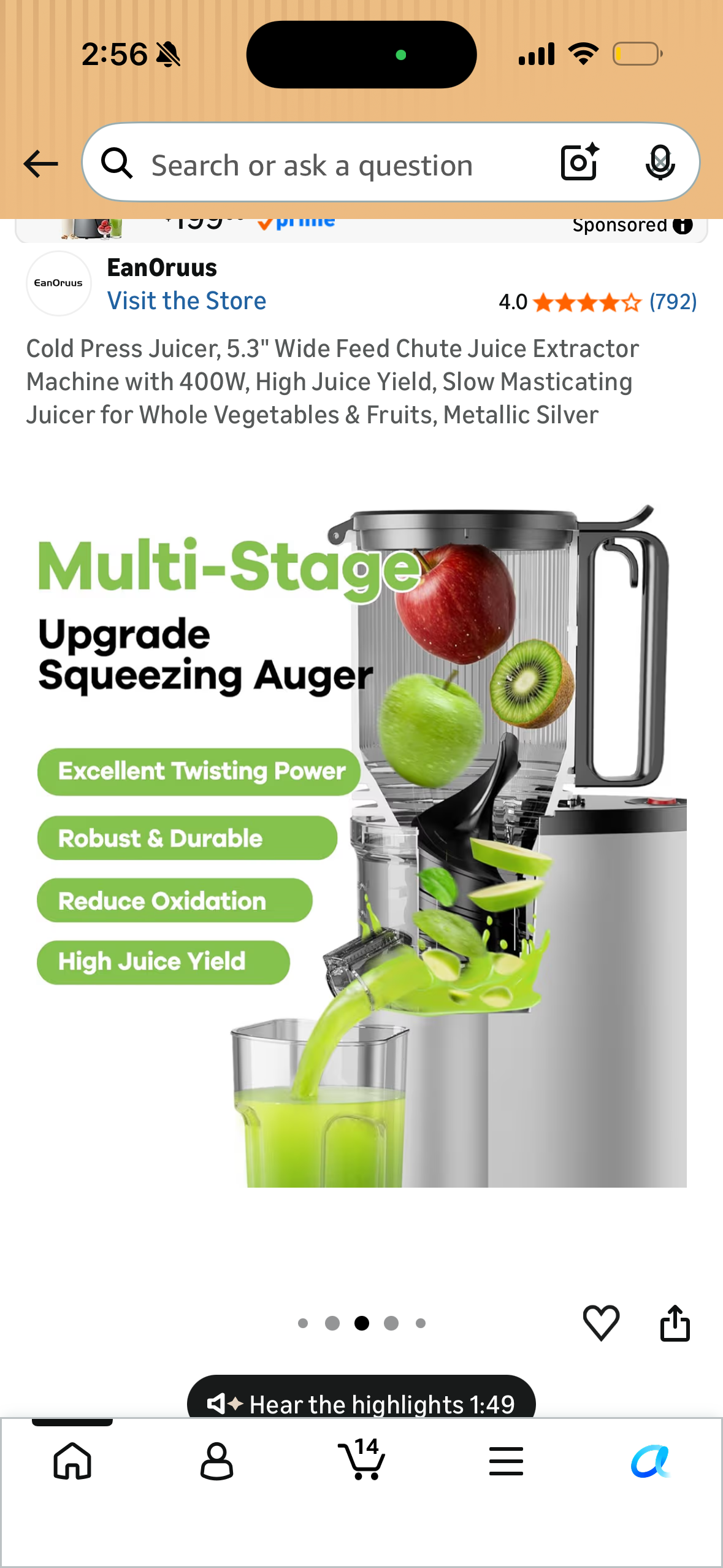 Cold Press Juicer, 5.3" Wide Feed Chute Juice Extractor Machine with 400W, High Juice Yield, Slow Masticating Juicer for Whole Vegetables & Fruits, Metallic Silver