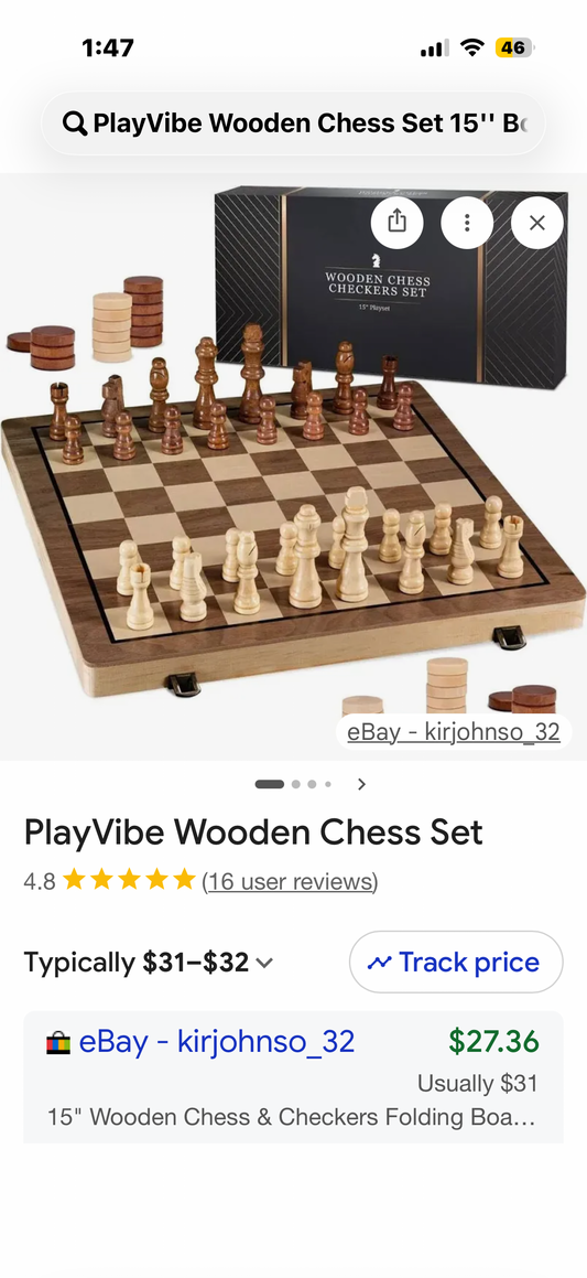 PlayVibe Wooden Chess Set 15'' Board Games for Families with 2 Extra Queens - Handmade Wooden Chess & Checkers, Portable Folding Travel Board, Outdoor Park & Garden Play, Spring Gift for All Ages