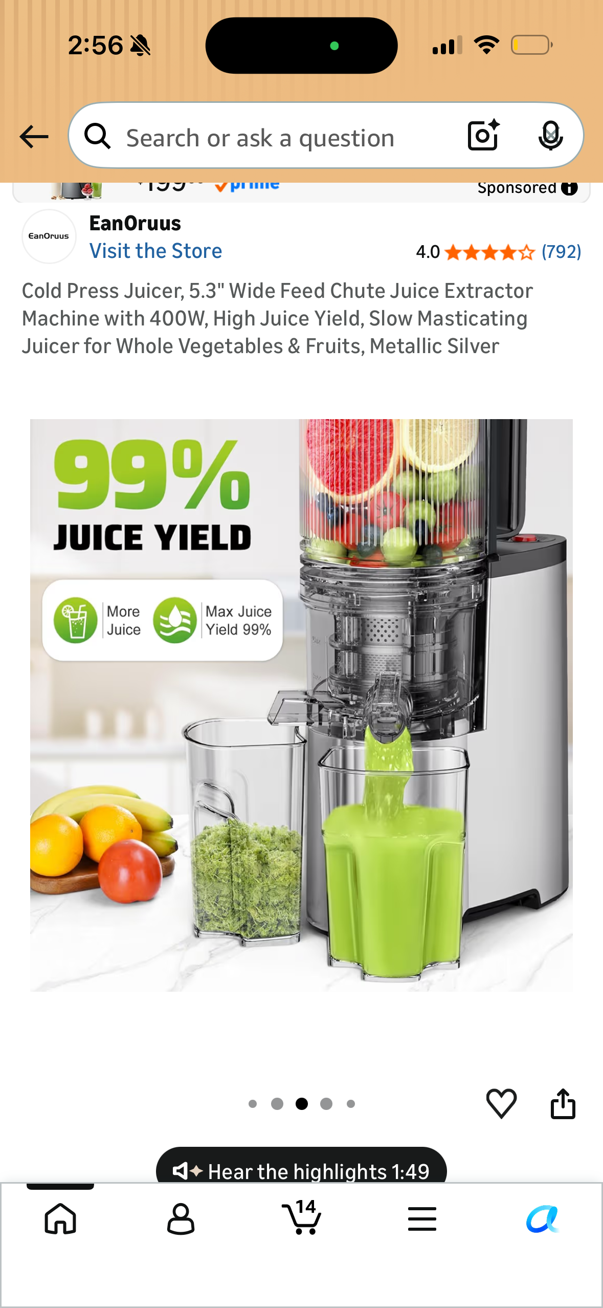 Cold Press Juicer, 5.3" Wide Feed Chute Juice Extractor Machine with 400W, High Juice Yield, Slow Masticating Juicer for Whole Vegetables & Fruits, Metallic Silver