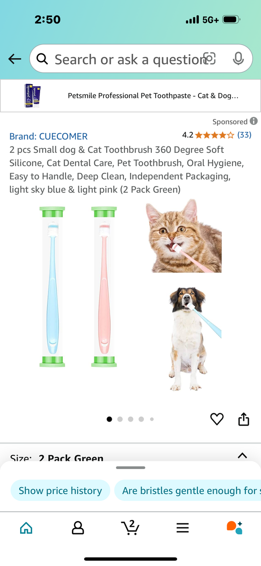 2 pcs Small dog & Cat Toothbrush 360 Degree Soft Silicone, Cat Dental Care, Pet Toothbrush, Oral Hygiene, Easy to Handle, Deep Clean, Independent Packaging, light sky blue & light pink (2 Pack Green