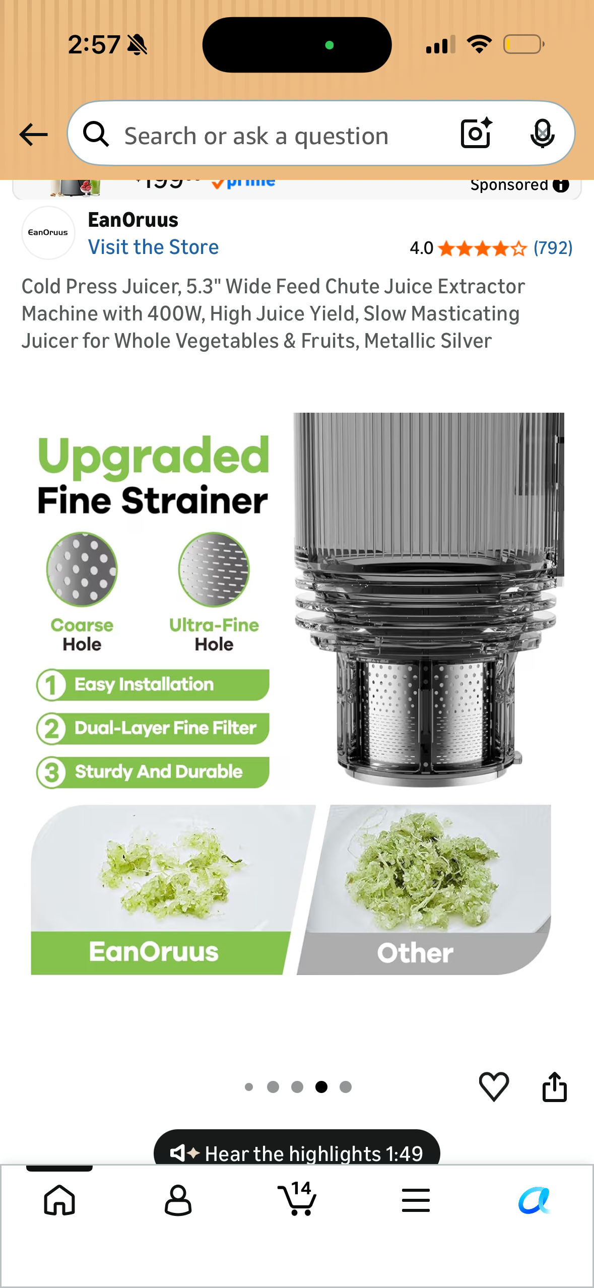 Cold Press Juicer, 5.3" Wide Feed Chute Juice Extractor Machine with 400W, High Juice Yield, Slow Masticating Juicer for Whole Vegetables & Fruits, Metallic Silver