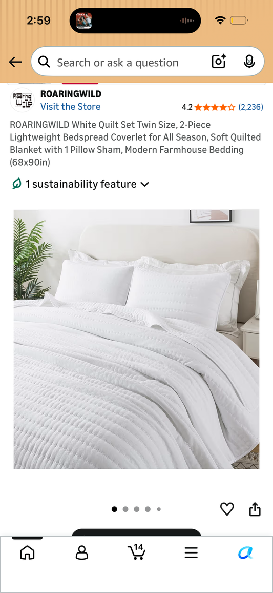 ROARINGWILD White Quilt Set Twin Size, 2-Piece Lightweight Bedspread Coverlet for All Season, Soft Quilted Blanket with 1 Pillow Sham, Modern Farmhouse Bedding (68x90in)