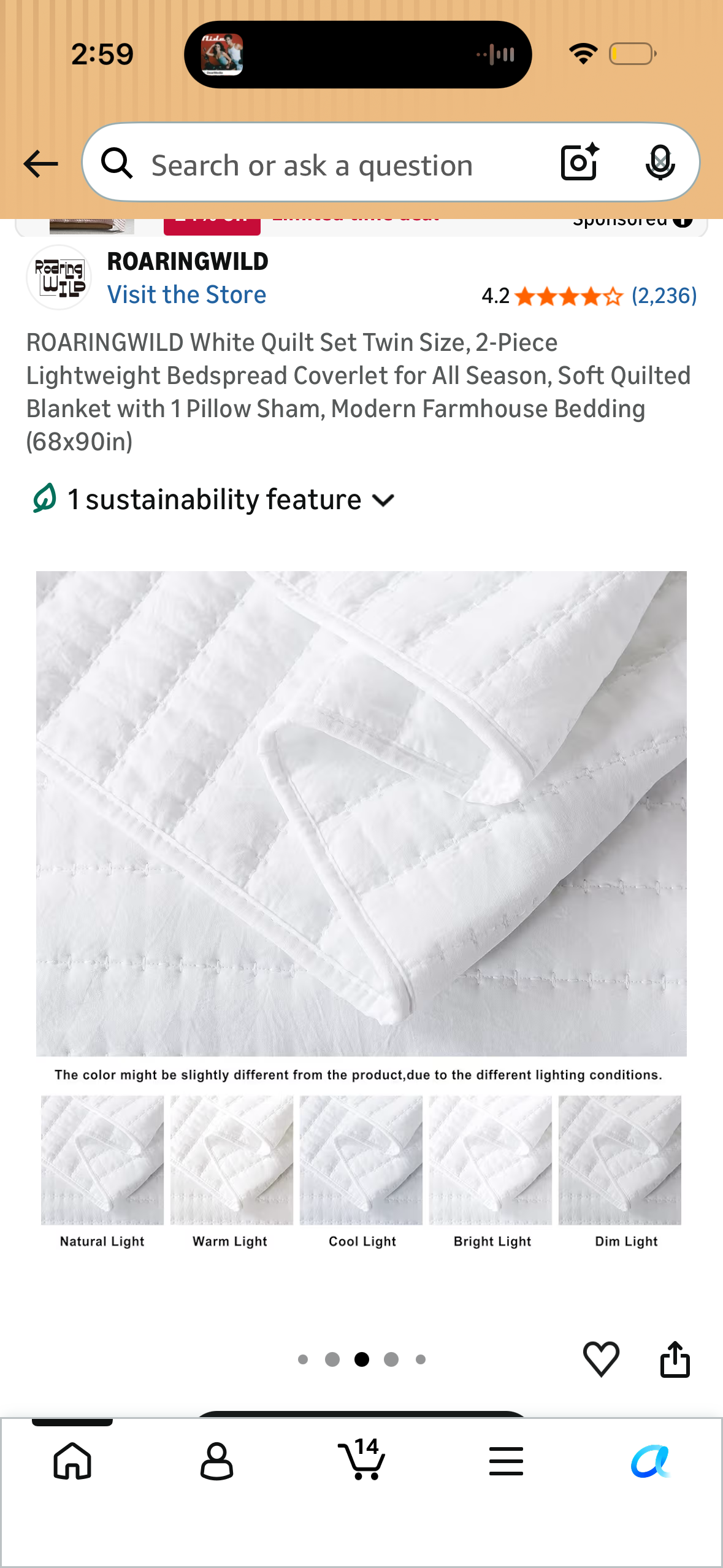ROARINGWILD White Quilt Set Twin Size, 2-Piece Lightweight Bedspread Coverlet for All Season, Soft Quilted Blanket with 1 Pillow Sham, Modern Farmhouse Bedding (68x90in)