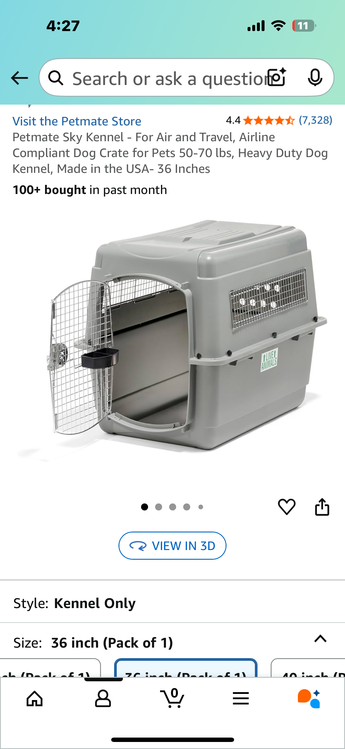Petmate Sky Kennel - For Air and Travel, Airline Compliant Dog Crate for Pets 50-70 lbs, Heavy Duty Dog Kennel, Made in the USA- 36 Inches (R679)