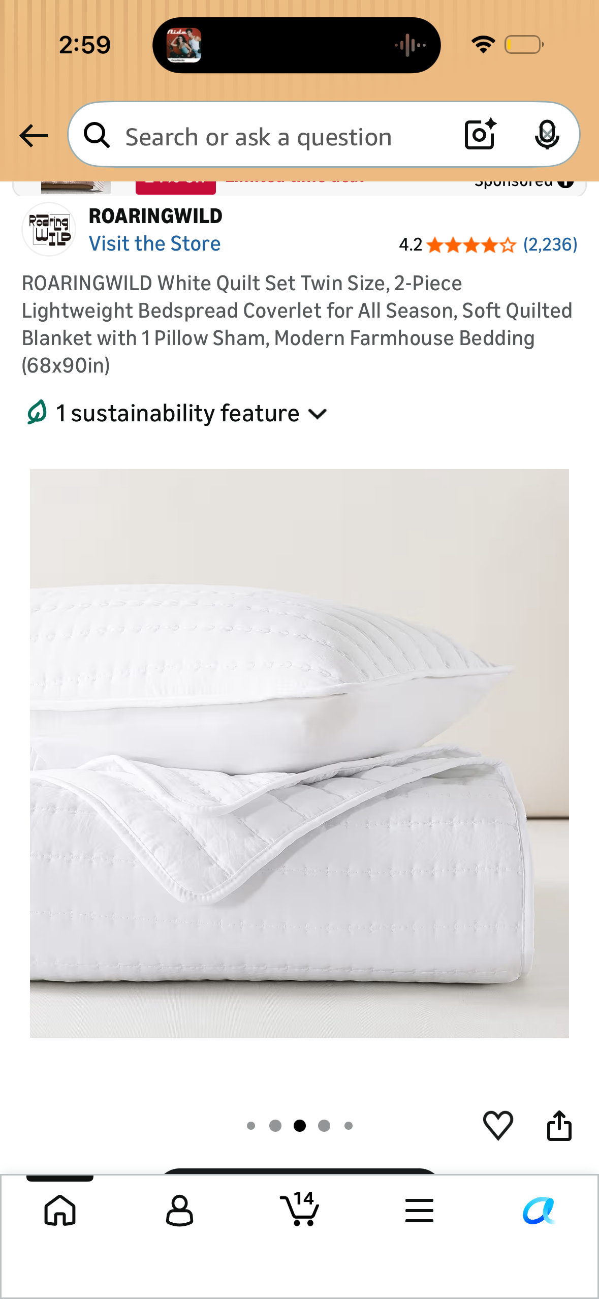 ROARINGWILD White Quilt Set Twin Size, 2-Piece Lightweight Bedspread Coverlet for All Season, Soft Quilted Blanket with 1 Pillow Sham, Modern Farmhouse Bedding (68x90in)
