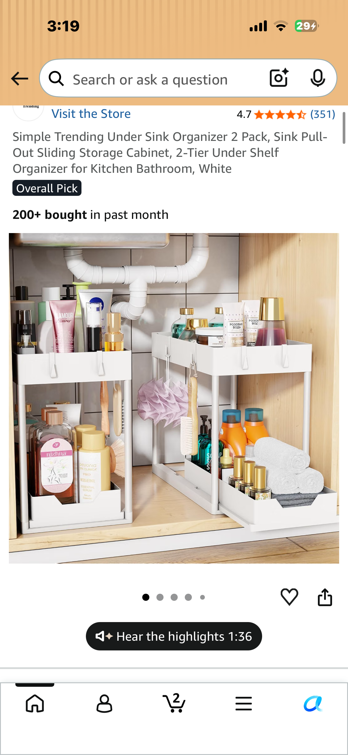 Under Sink Organizer 2 Pack, Sink PullOut Sliding Storage Cabinet, 2-Tier Under Shelf Organizer for Kitchen Bathroom, White