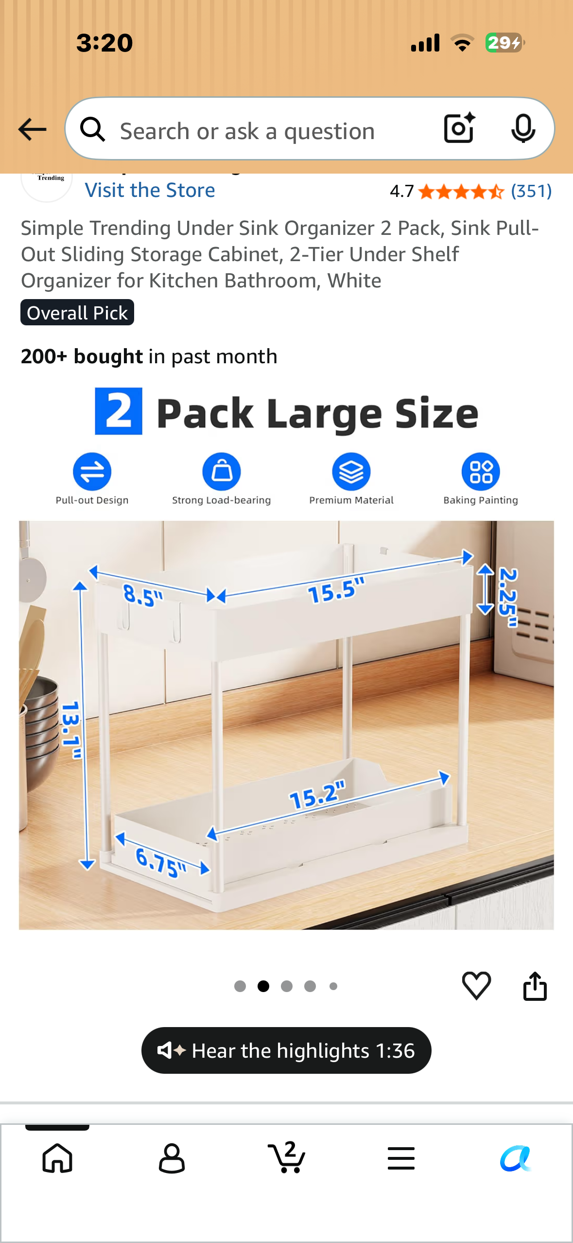 Under Sink Organizer 2 Pack, Sink PullOut Sliding Storage Cabinet, 2-Tier Under Shelf Organizer for Kitchen Bathroom, White