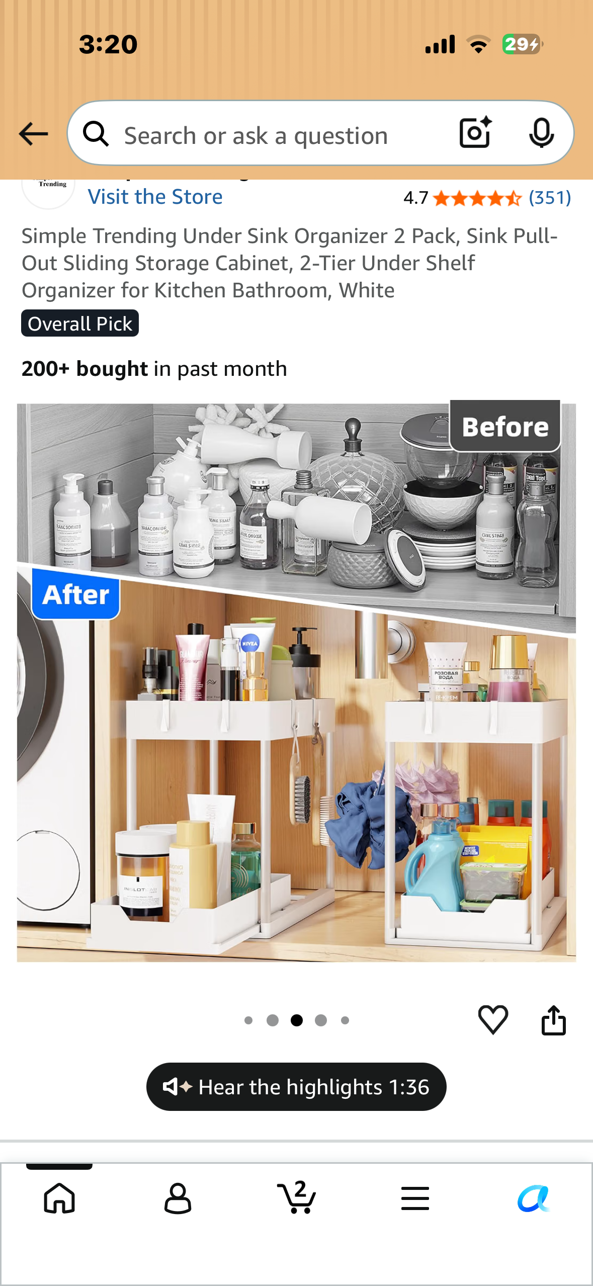 Under Sink Organizer 2 Pack, Sink PullOut Sliding Storage Cabinet, 2-Tier Under Shelf Organizer for Kitchen Bathroom, White