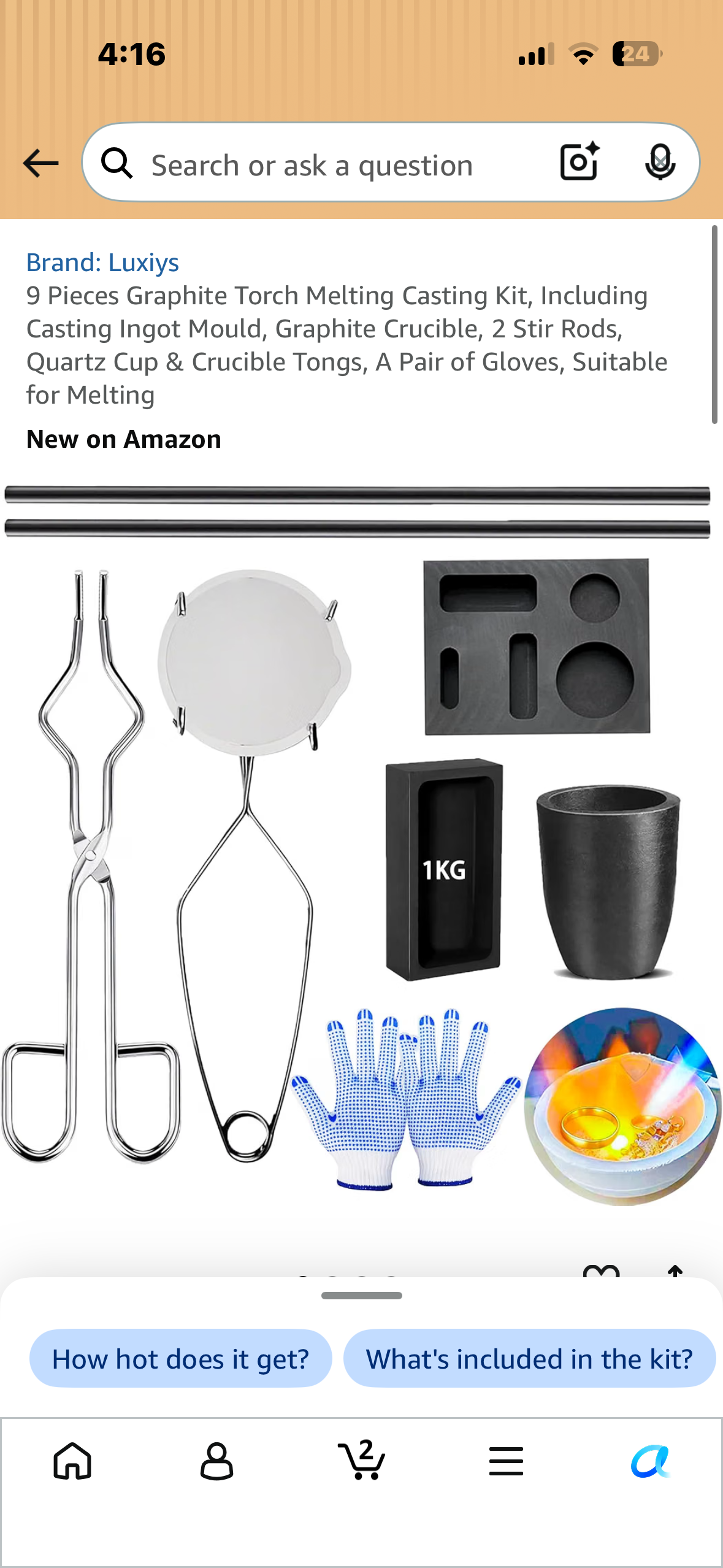 9 Piece Graphite Torch Melting, Casting Kit, Including Casting Ingot Mould, Graphite Crucible, 2 Stir Rods, Quartz Cup & Crucible Tongs, A Pair of Gloves, Suitable for Melting