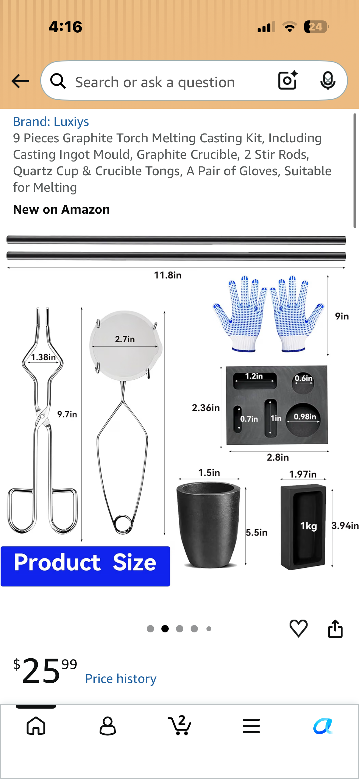 9 Piece Graphite Torch Melting, Casting Kit, Including Casting Ingot Mould, Graphite Crucible, 2 Stir Rods, Quartz Cup & Crucible Tongs, A Pair of Gloves, Suitable for Melting
