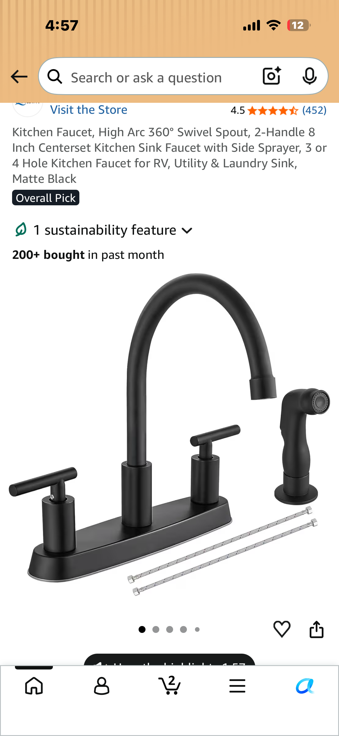 Kitchen Faucet, High Arc 360° Swivel Spout, 2-Handle 8 Inch Centerset Kitchen Sink Faucet with Side Sprayer, 3 or 4 Hole Kitchen Faucet for Home, RV, Utility, Laundry Sink, Matte Black