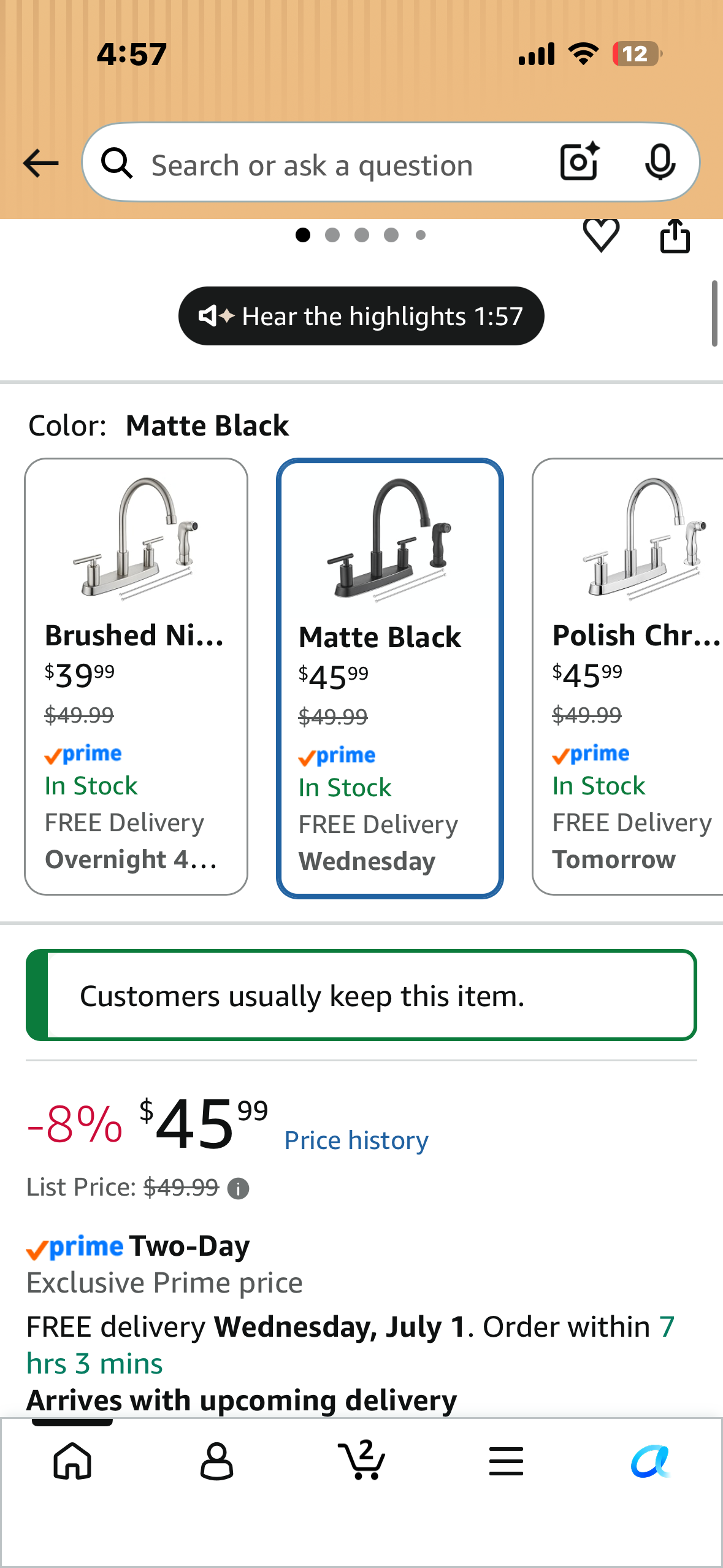 Kitchen Faucet, High Arc 360° Swivel Spout, 2-Handle 8 Inch Centerset Kitchen Sink Faucet with Side Sprayer, 3 or 4 Hole Kitchen Faucet for Home, RV, Utility, Laundry Sink, Matte Black