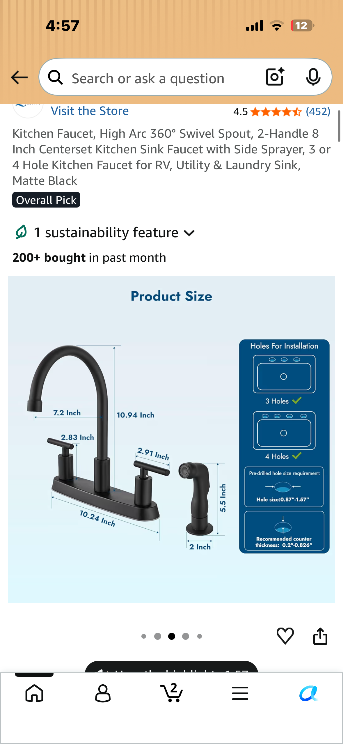 Kitchen Faucet, High Arc 360° Swivel Spout, 2-Handle 8 Inch Centerset Kitchen Sink Faucet with Side Sprayer, 3 or 4 Hole Kitchen Faucet for Home, RV, Utility, Laundry Sink, Matte Black