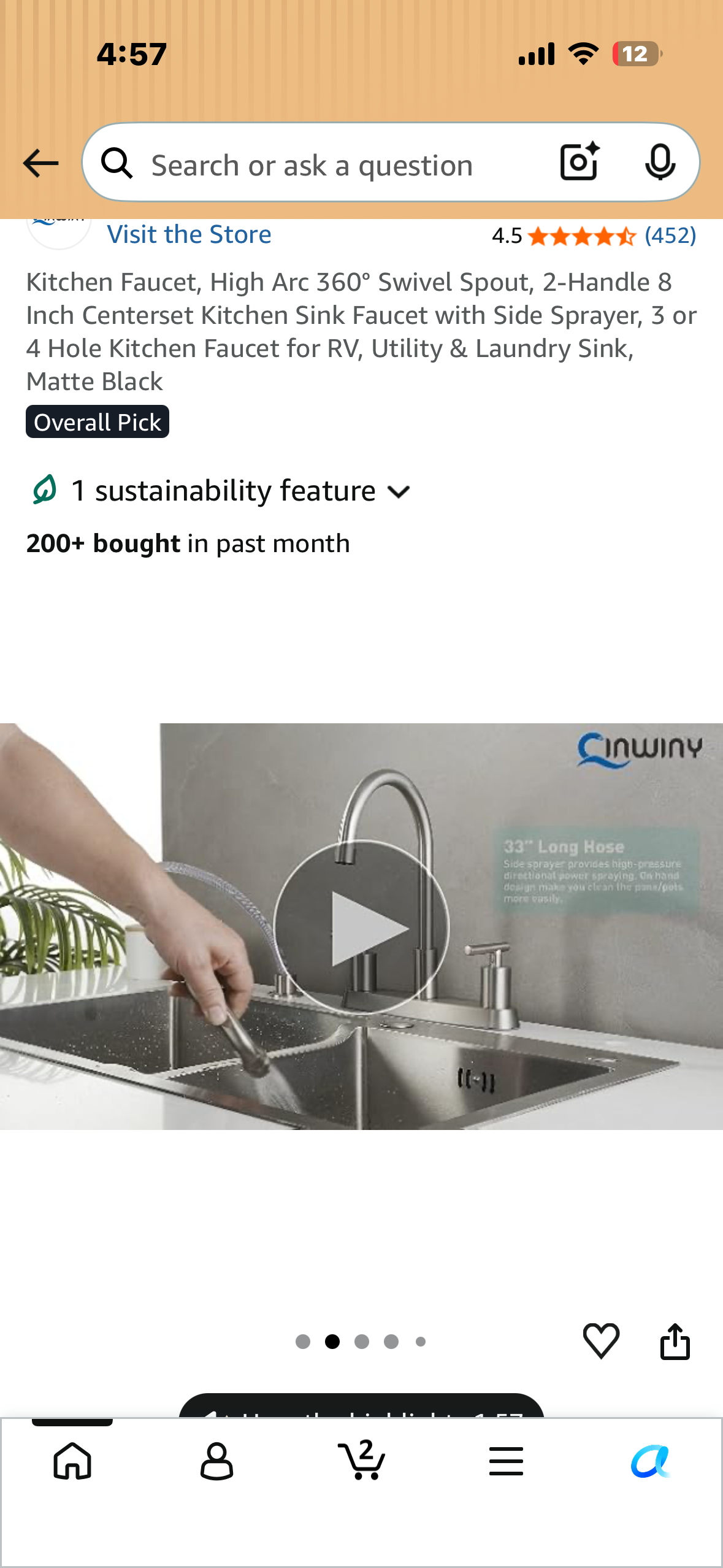 Kitchen Faucet, High Arc 360° Swivel Spout, 2-Handle 8 Inch Centerset Kitchen Sink Faucet with Side Sprayer, 3 or 4 Hole Kitchen Faucet for Home, RV, Utility, Laundry Sink, Matte Black