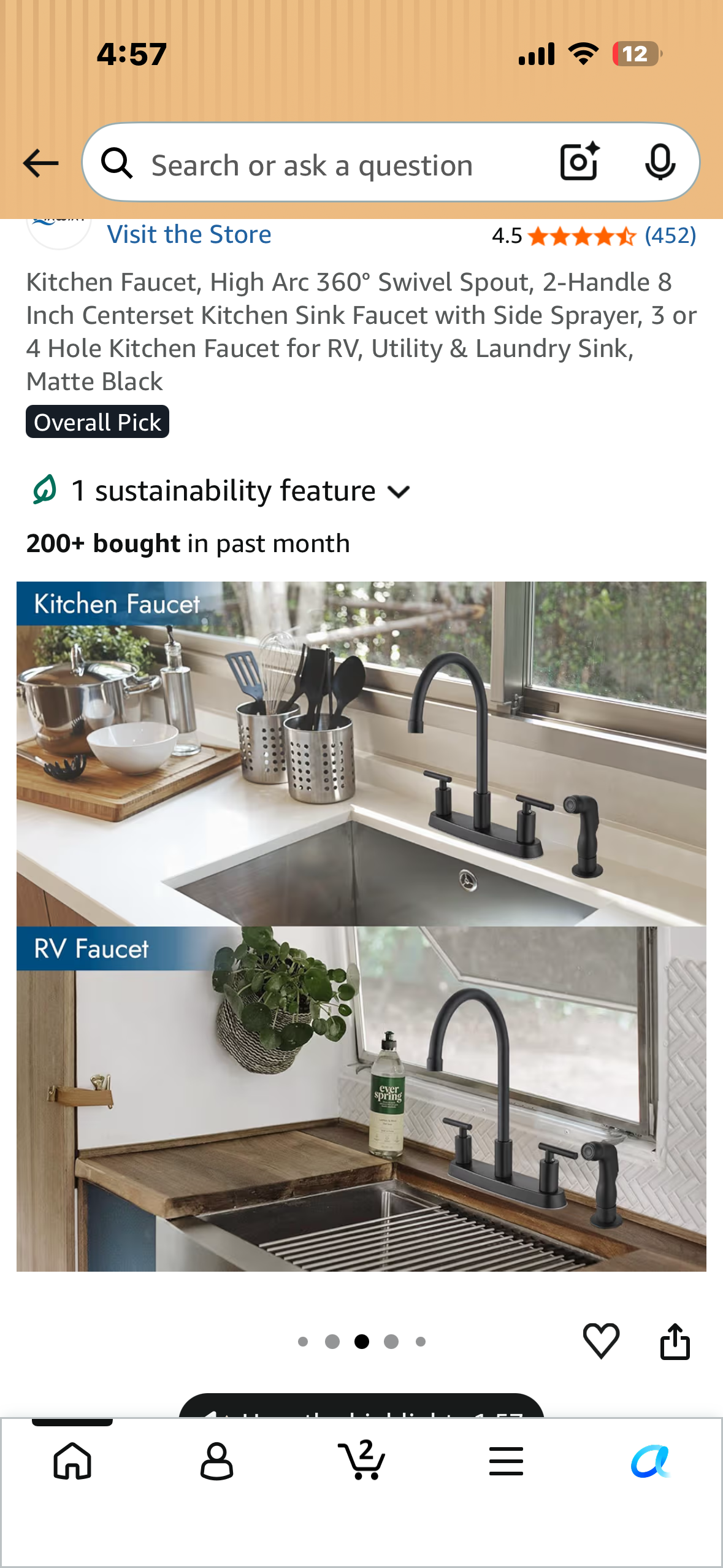Kitchen Faucet, High Arc 360° Swivel Spout, 2-Handle 8 Inch Centerset Kitchen Sink Faucet with Side Sprayer, 3 or 4 Hole Kitchen Faucet for Home, RV, Utility, Laundry Sink, Matte Black