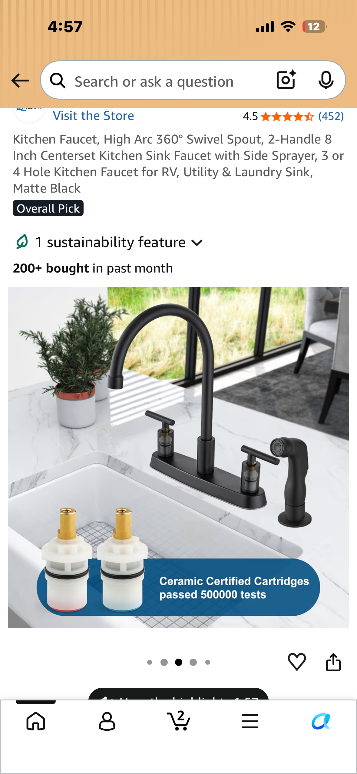 Kitchen Faucet, High Arc 360° Swivel Spout, 2-Handle 8 Inch Centerset Kitchen Sink Faucet with Side Sprayer, 3 or 4 Hole Kitchen Faucet for Home, RV, Utility, Laundry Sink, Matte Black