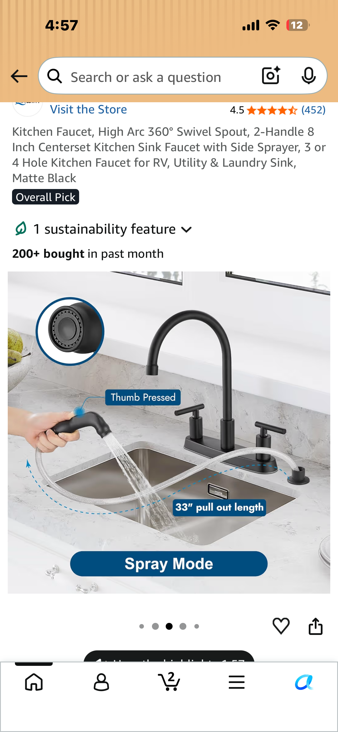 Kitchen Faucet, High Arc 360° Swivel Spout, 2-Handle 8 Inch Centerset Kitchen Sink Faucet with Side Sprayer, 3 or 4 Hole Kitchen Faucet for Home, RV, Utility, Laundry Sink, Matte Black