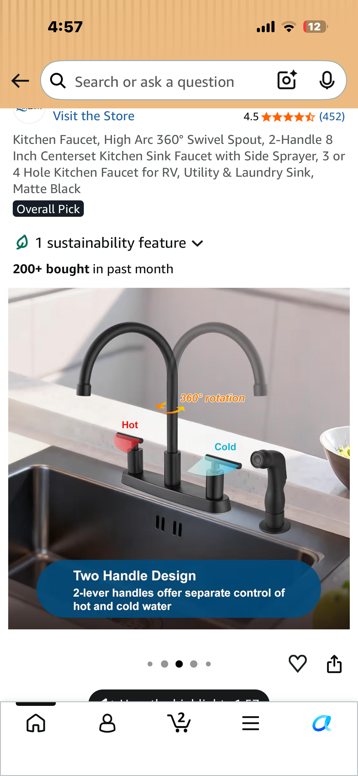 Kitchen Faucet, High Arc 360° Swivel Spout, 2-Handle 8 Inch Centerset Kitchen Sink Faucet with Side Sprayer, 3 or 4 Hole Kitchen Faucet for Home, RV, Utility, Laundry Sink, Matte Black