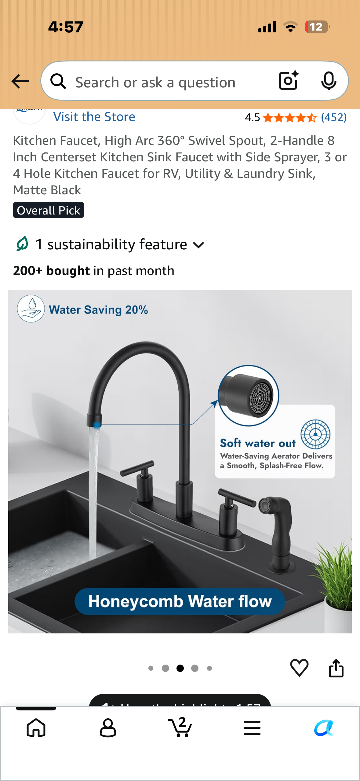 Kitchen Faucet, High Arc 360° Swivel Spout, 2-Handle 8 Inch Centerset Kitchen Sink Faucet with Side Sprayer, 3 or 4 Hole Kitchen Faucet for Home, RV, Utility, Laundry Sink, Matte Black