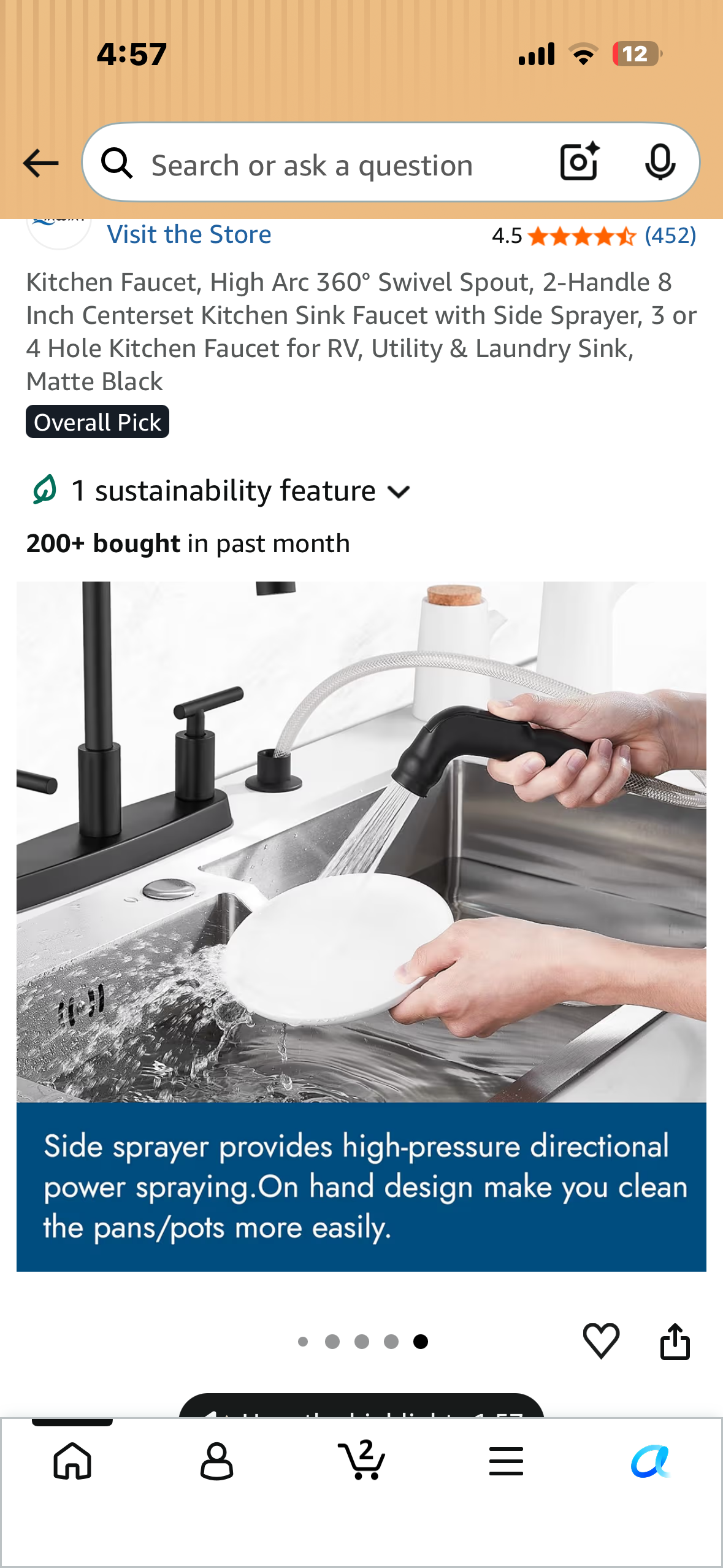 Kitchen Faucet, High Arc 360° Swivel Spout, 2-Handle 8 Inch Centerset Kitchen Sink Faucet with Side Sprayer, 3 or 4 Hole Kitchen Faucet for Home, RV, Utility, Laundry Sink, Matte Black