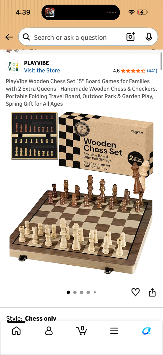 PlayVibe Wooden Chess Set 15'' Board Games for Families with 2 Extra Queens - Handmade Wooden Chess & Checkers, Portable Folding Travel Board, Outdoor Park & Garden Play, Spring Gift for All Ages