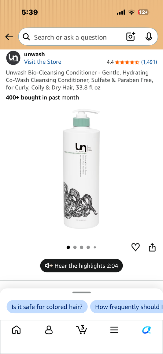 Unwash Bio-Cleansing Conditioner - Gentle, Hydrating Co-Wash Cleansing Conditioner, Sulfate & Paraben Free, for Curly, Coily & Dry Hair, 33.8 fl oz y