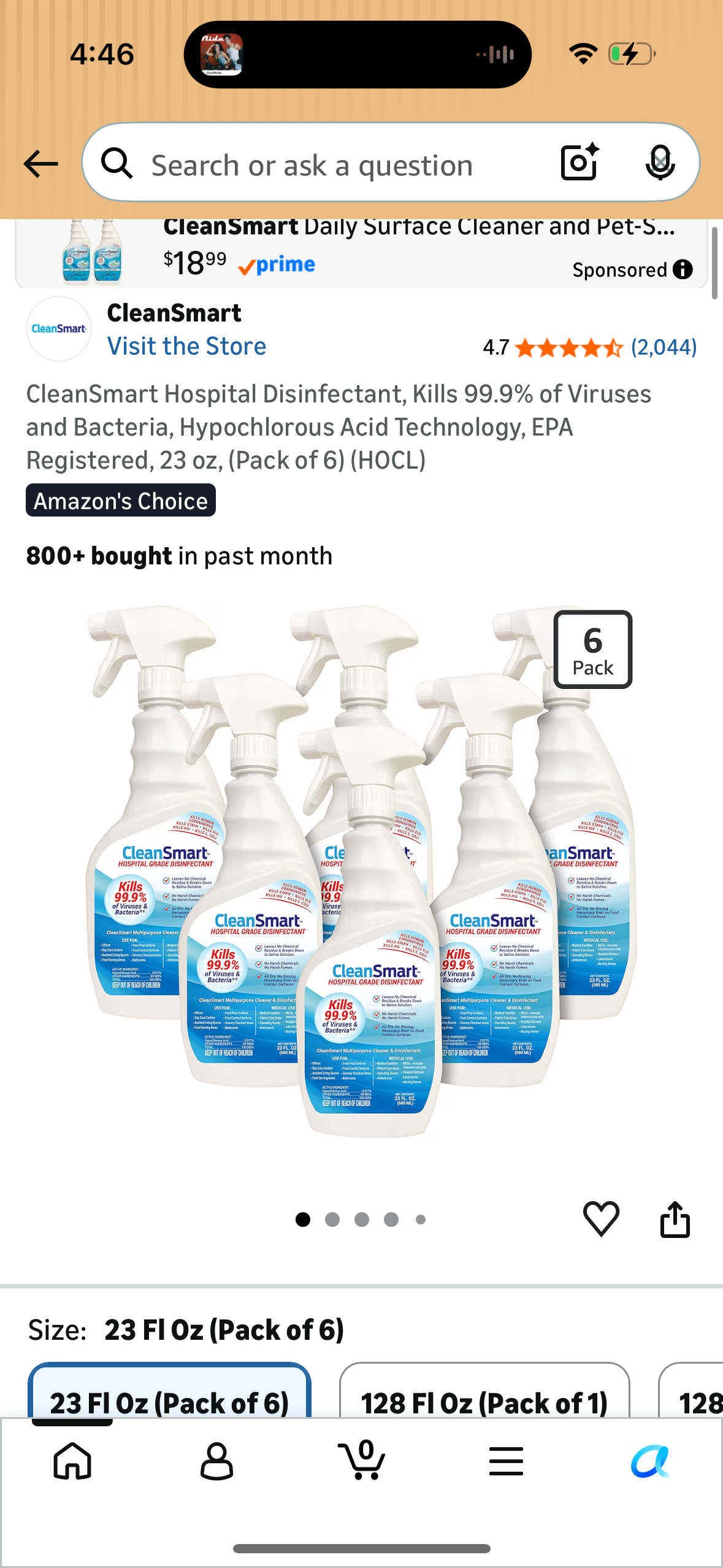 CleanSmart Hospital Disinfectant, Kills 99.9% of Viruses and Bacteria, Hypochlorous Acid Technology, EPA Registered, 23 oz, (Pack of 6) (HOCL)