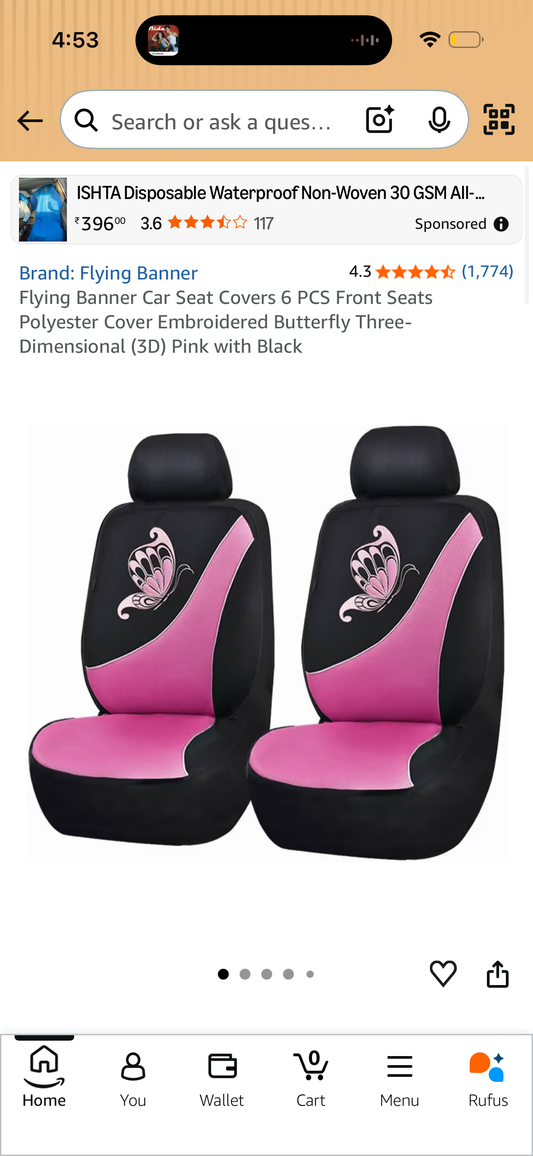 Flying Banner Car Seat Covers 6 PCS Front Seats Polyester Cover Embroidered Butterfly Three-Dimensional (3D) Pink with Black