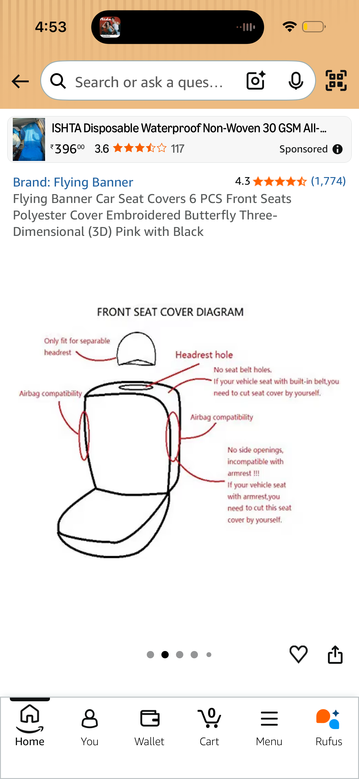 Flying Banner Car Seat Covers 6 PCS Front Seats Polyester Cover Embroidered Butterfly Three-Dimensional (3D) Pink with Black