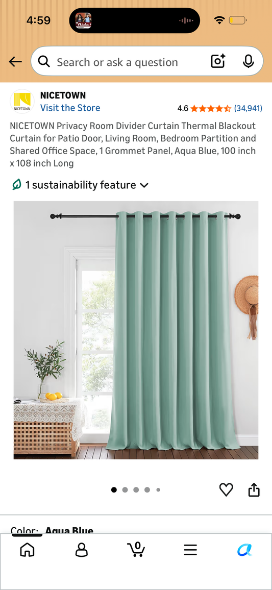 NICETOWN Privacy Room Divider Curtain Thermal Blackout Curtain for Patio Door, Living Room, Bedroom Partition and Shared Office Space, 1 Grommet Panel, Aqua Blue, 100 inch x 108 inch Long