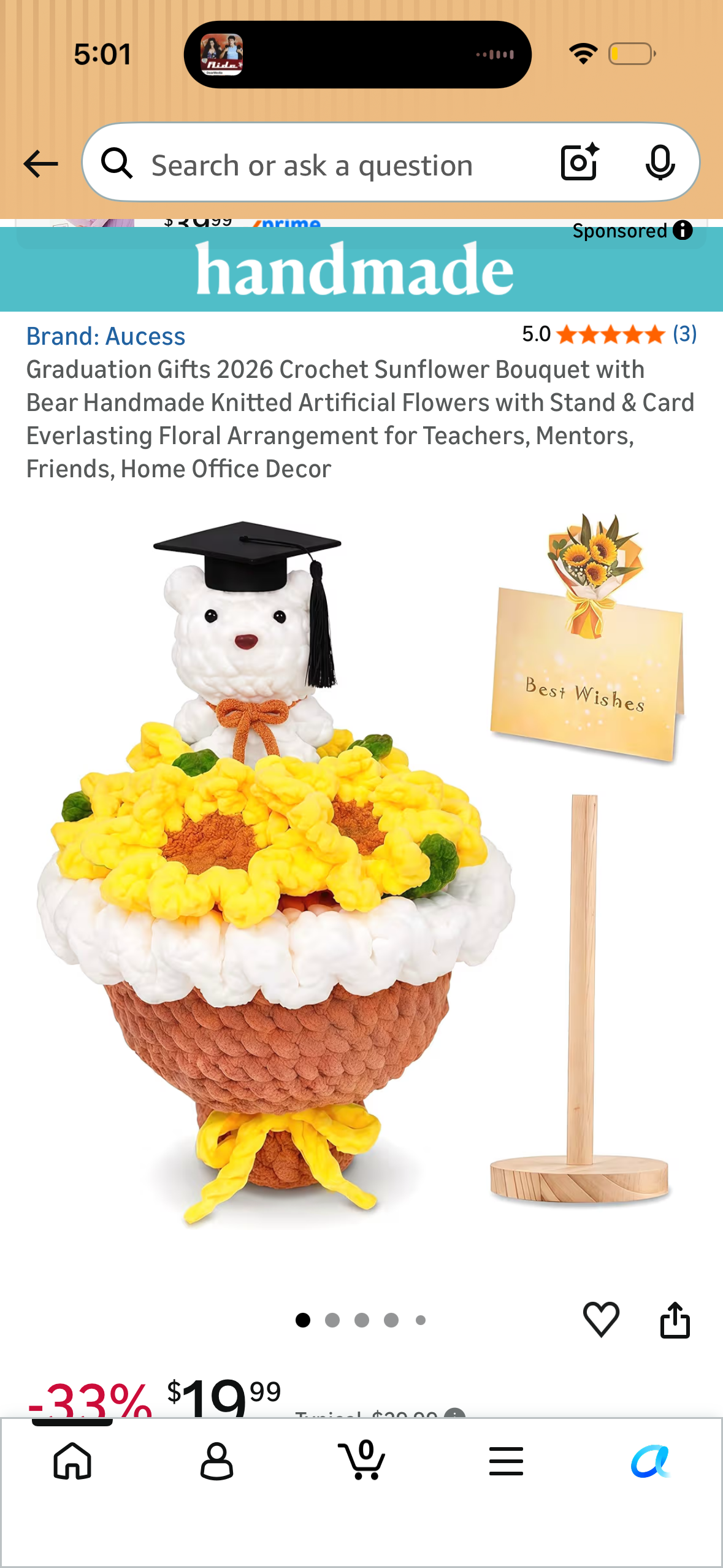 Graduation Gifts 2026 Crochet Sunflower Bouquet with Bear Handmade Knitted Artificial Flowers with Stand & Card Everlasting Floral Arrangement for Teachers, Mentors, Friends, Home Office Decor