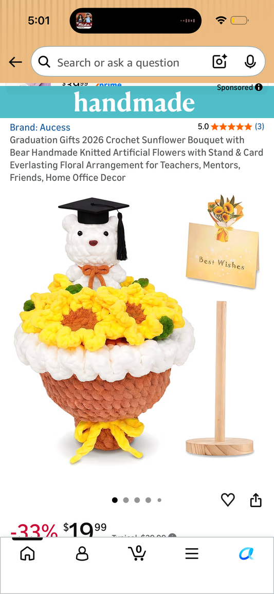 Graduation Gifts 2026 Crochet Sunflower Bouquet with Bear Handmade Knitted Artificial Flowers with Stand & Card Everlasting Floral Arrangement for Teachers, Mentors, Friends, Home Office Decor