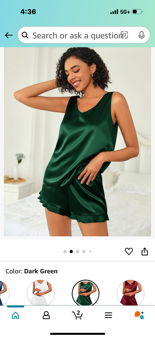 Ekouaer Womens Silk Pajamas Set 2 Piece Satin Camisole Pjs V Neck Tank Top and Shorts with Ruffle Sleepwear