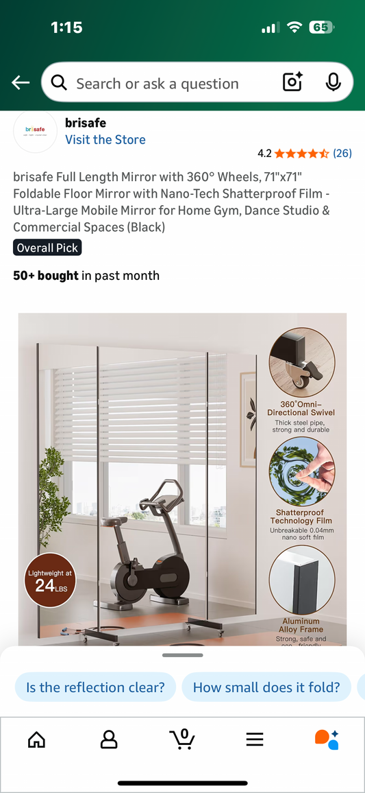 BRISAFE Full Length Mirror with 360° Wheels, 71"x71" Foldable Floor Mirror with Nano-Tech Shatterproof Film, Large Mobile Mirror for Home Gym, Dance Studio & Commercial Spaces (Black) (M462)