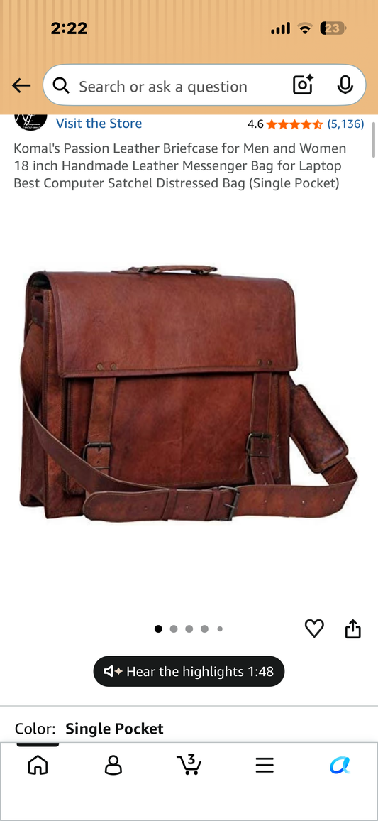 Komal's Passion Leather Briefcase for Men and Women 18 inch Handmade Leather Messenger Bag for Laptop Best Computer Satchel Distressed Bag (Single Pocket) Guy