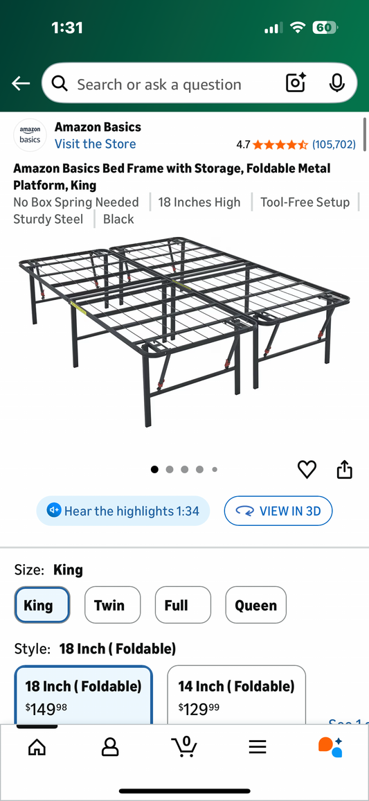 Amazon Basics Bed Frame with Storage, Foldable Metal Platform, King, No Box Spring Needed, 18 Inches High, Tool-Free Setup, Sturdy Steel, Black (B1166)