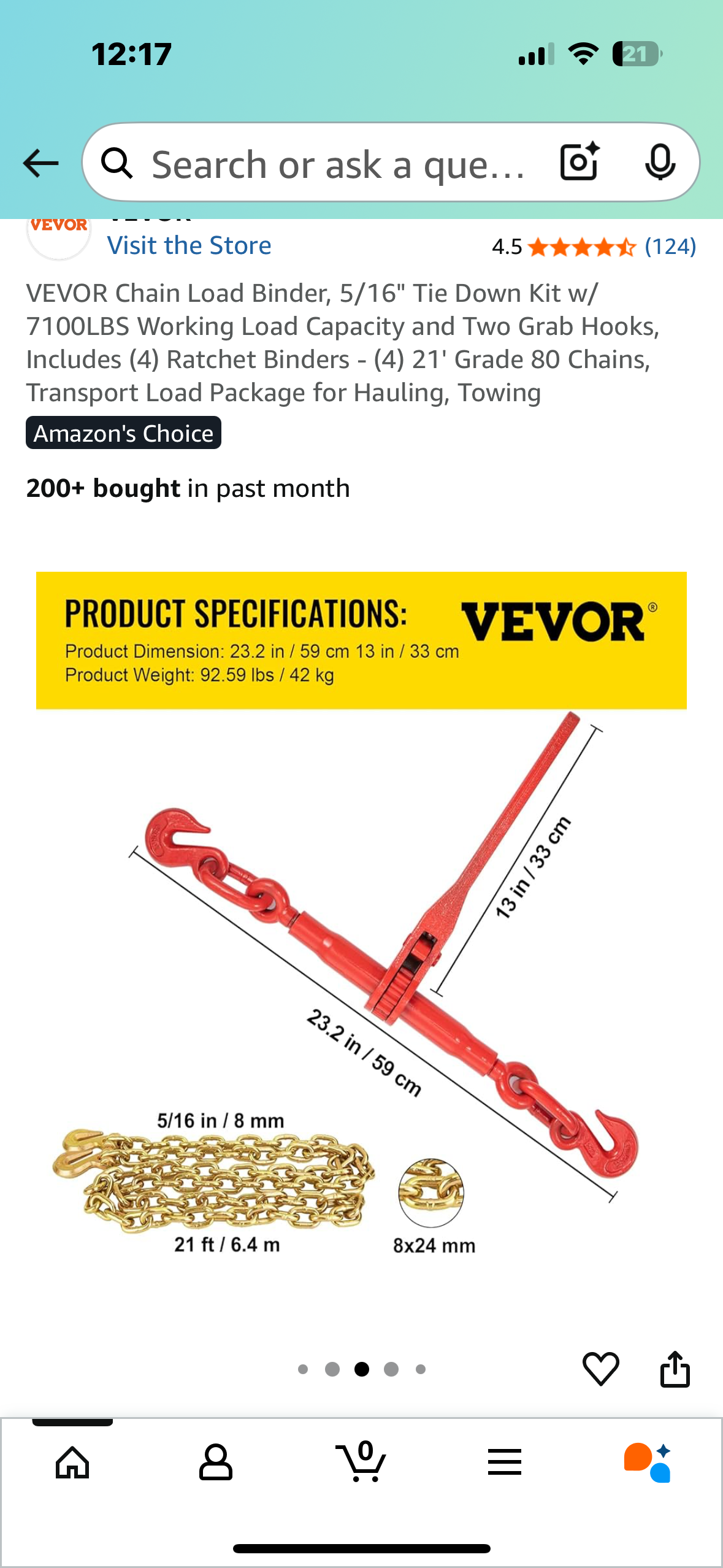 VEVOR Chain Load Binder, 5/16" Tie Down Kit w/ 7100LBS Working Load Capacity and Two Grab Hooks, Includes (4) Ratchet Binders - (4) 21' Grade 80 Chains, Transport Load Package for Hauling, Towing (G866)