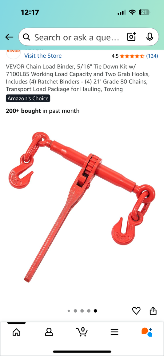 VEVOR Chain Load Binder, 5/16" Tie Down Kit w/ 7100LBS Working Load Capacity and Two Grab Hooks, Includes (4) Ratchet Binders - (4) 21' Grade 80 Chains, Transport Load Package for Hauling, Towing (G866)