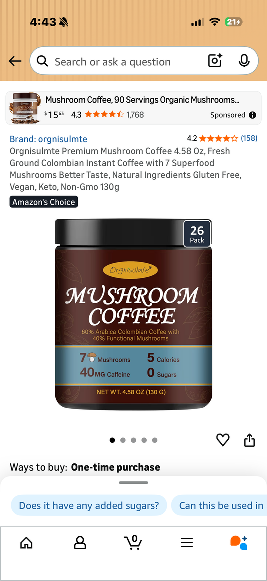 Orgnisulmte Premium Mushroom Coffee 4.58 Oz, Fresh Ground Colombian Instant Coffee with 7 Superfood Mushrooms Better Taste, Natural Ingredients Gluten Free, Vegan, Keto, Non-Gmo 130g