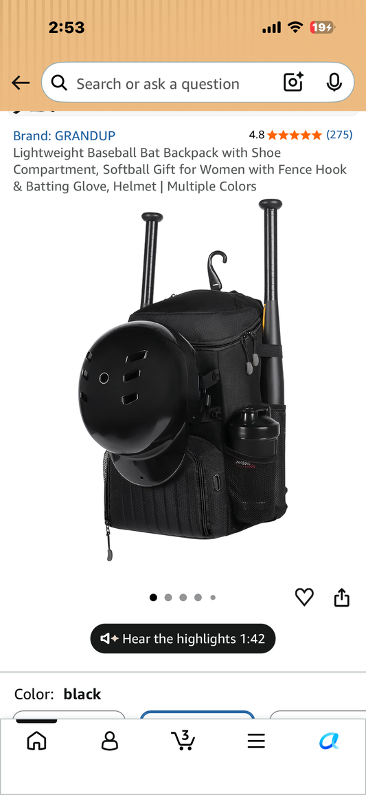 Lightweight Baseball, Softball Backpack with Bat Holders and Shoe Compartment with Fence Hook