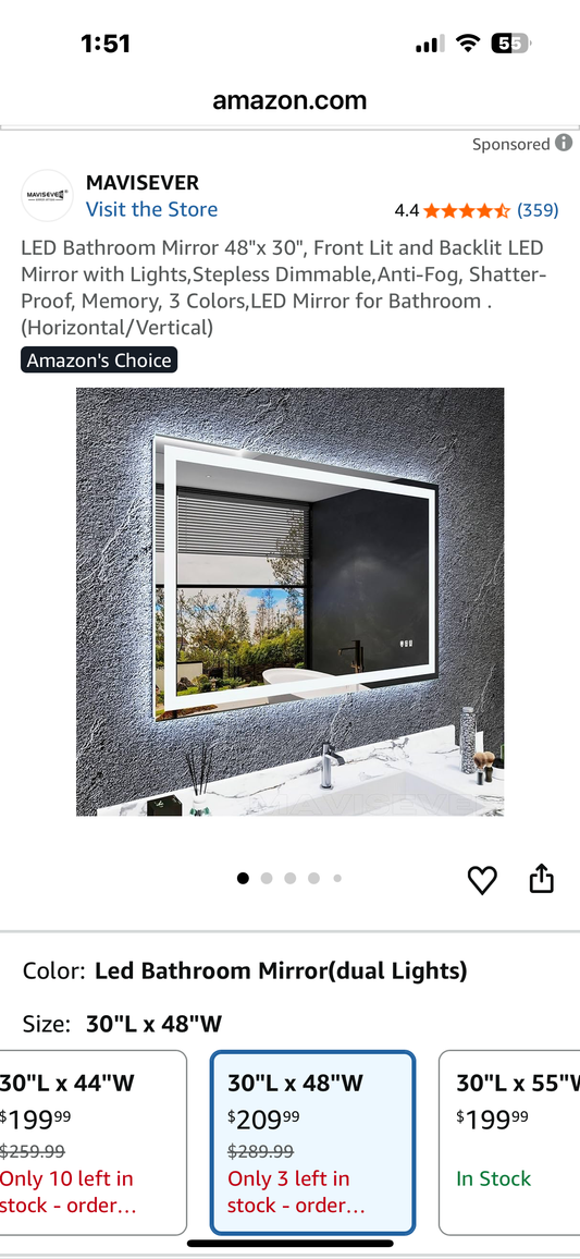 LED Bathroom Mirror 48"x 36”Front Lit and Backlit LED Mirror m,Stepless Dimmable, Anti-Fog, Shatter-Proof, Memory, 3 Colors,LED Mirror (Horizontal/Vertical) (M463)