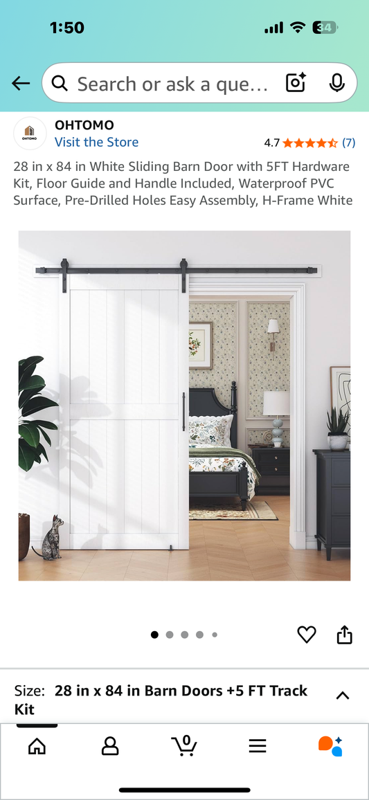 28 in x 84 in White Sliding Barn Door with 5FT Hardware Kit, Floor Guide and Handle Included, Waterproof PVC Surface, Pre-Drilled Holes Easy Assembly, H-Frame White (L1020)