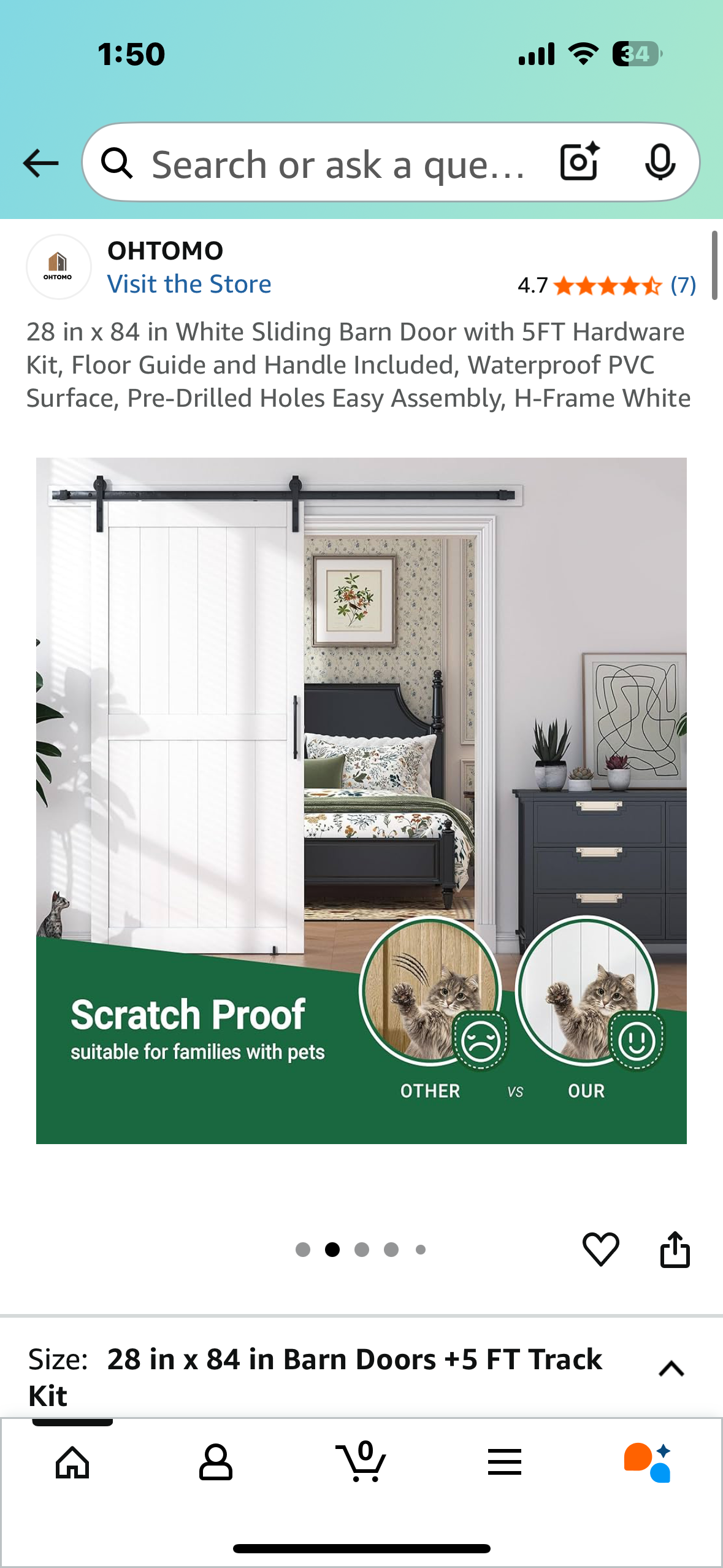 28 in x 84 in White Sliding Barn Door with 5FT Hardware Kit, Floor Guide and Handle Included, Waterproof PVC Surface, Pre-Drilled Holes Easy Assembly, H-Frame White (L1020)