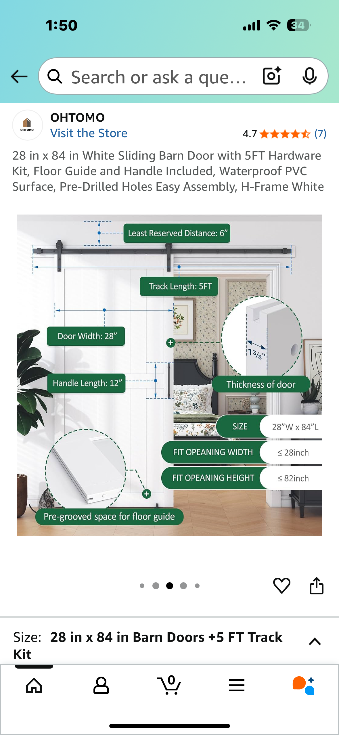 28 in x 84 in White Sliding Barn Door with 5FT Hardware Kit, Floor Guide and Handle Included, Waterproof PVC Surface, Pre-Drilled Holes Easy Assembly, H-Frame White (L1020)