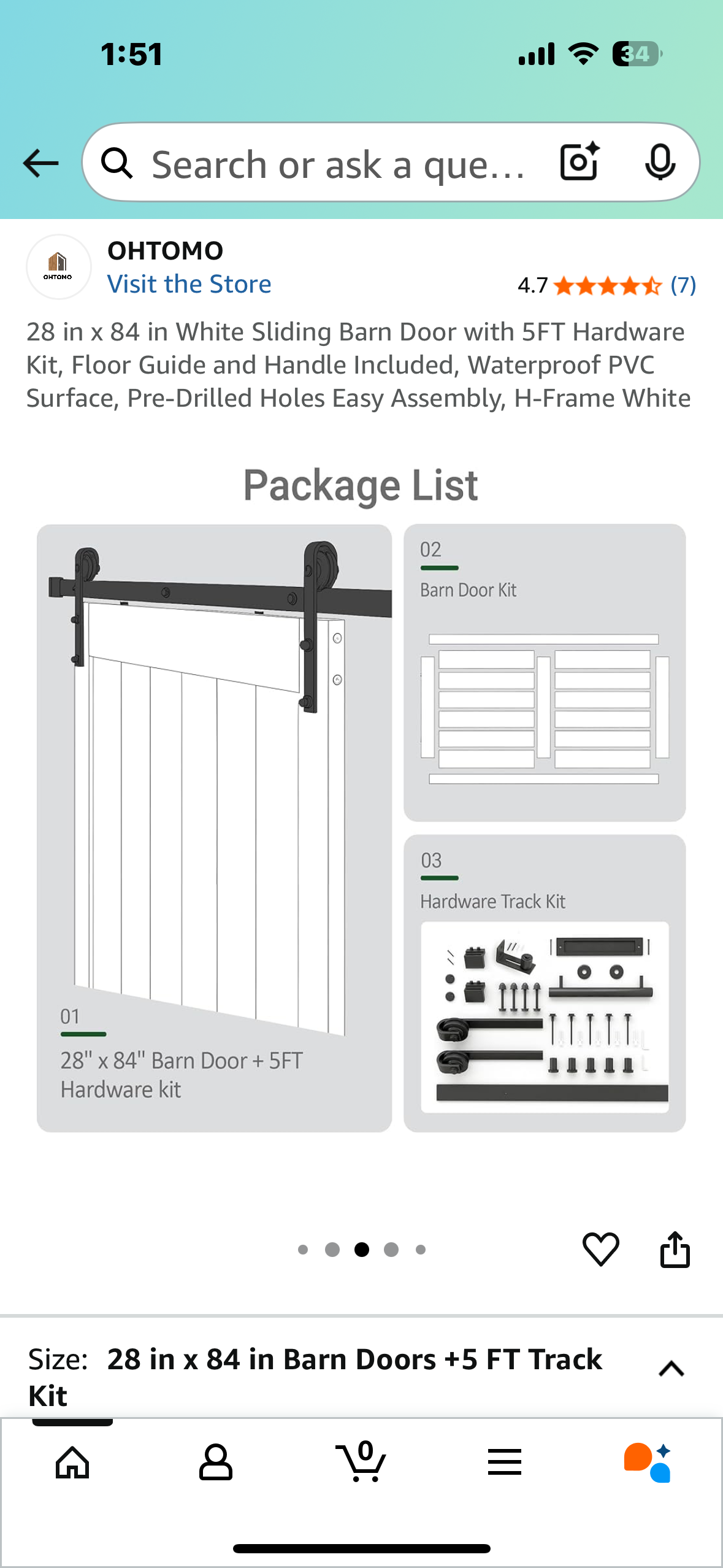 28 in x 84 in White Sliding Barn Door with 5FT Hardware Kit, Floor Guide and Handle Included, Waterproof PVC Surface, Pre-Drilled Holes Easy Assembly, H-Frame White (L1020)