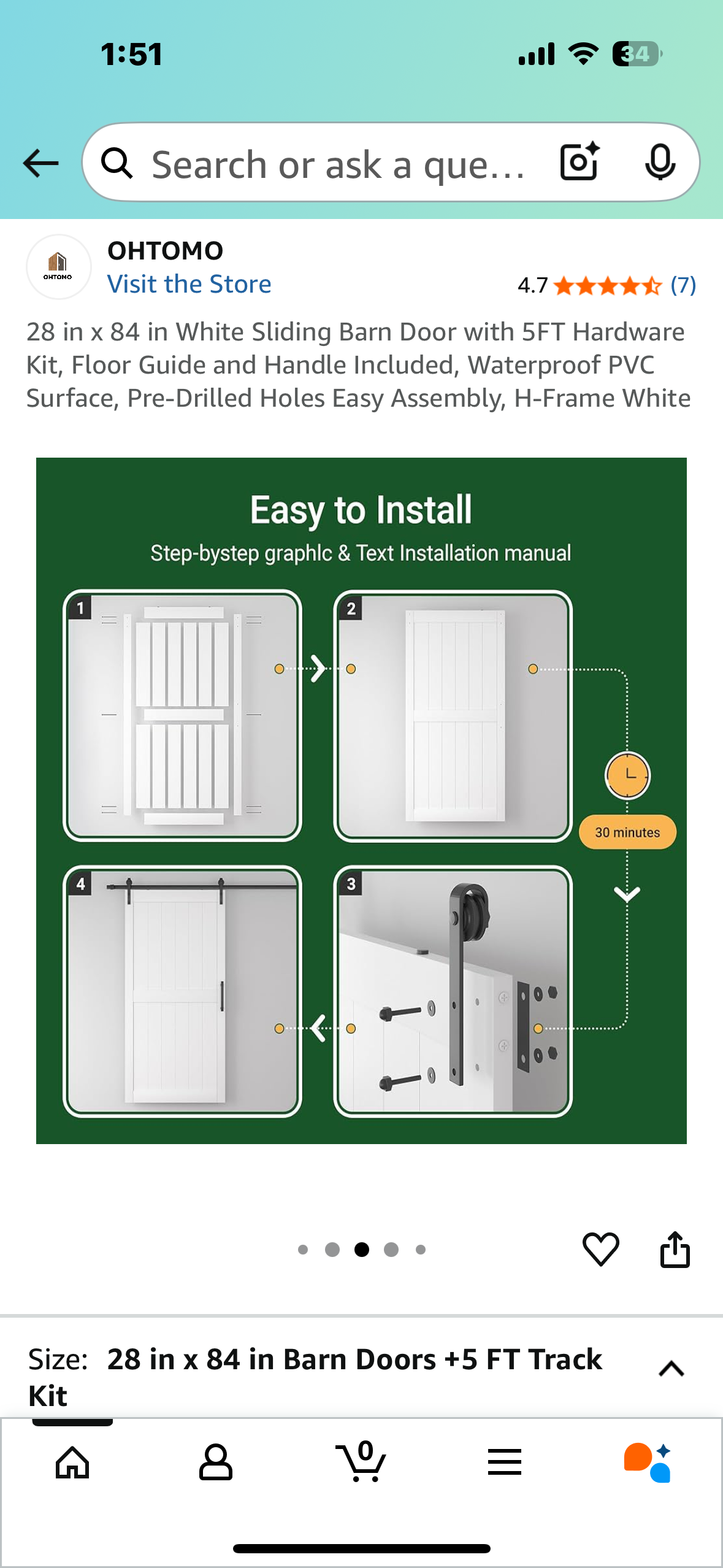 28 in x 84 in White Sliding Barn Door with 5FT Hardware Kit, Floor Guide and Handle Included, Waterproof PVC Surface, Pre-Drilled Holes Easy Assembly, H-Frame White (L1020)
